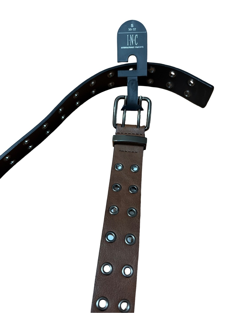 INC International Concepts Brown Leather Belt Double Row Grommet